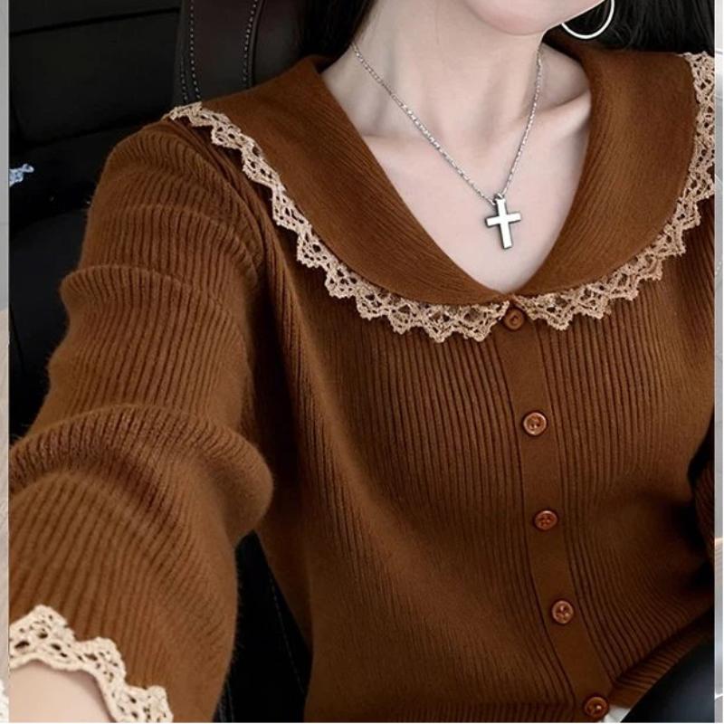 

Women Autumn Winter Retro Lace Doll Collar Knit Sweater Fashion Crew Neck Pullover Casual Elegant All Match Blouse Top L коричневий