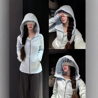 B Blue Slim-fit Hooded Sweater Jacket Women's Autumn and Winter Velvet Shoulder Waist Yoga Clothes Short Tight Top