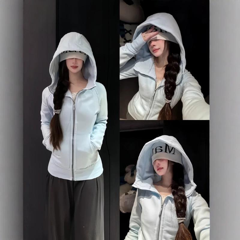 b blue slim-fit hooded sweater jacket women's autumn and winter velvet shoulder waist yoga clothes short tight top