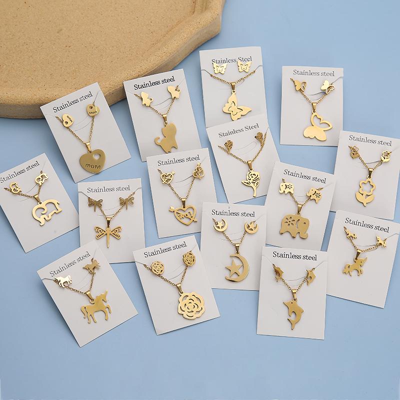 New Animal Flower Butterfly Stainless Steel Pendant Necklace Sets For Women Gold Color Chain Necklace Earrings Zircon Gifts