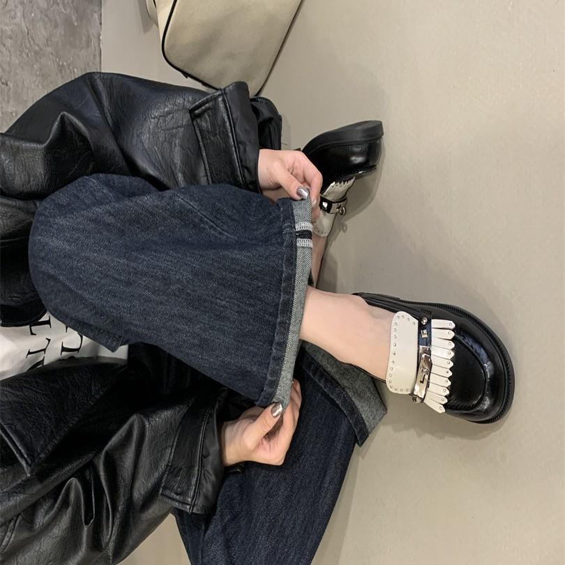 British style rivet platform small leather shoes women's fringed small gold buckle lazy loafers thick heel single shoes