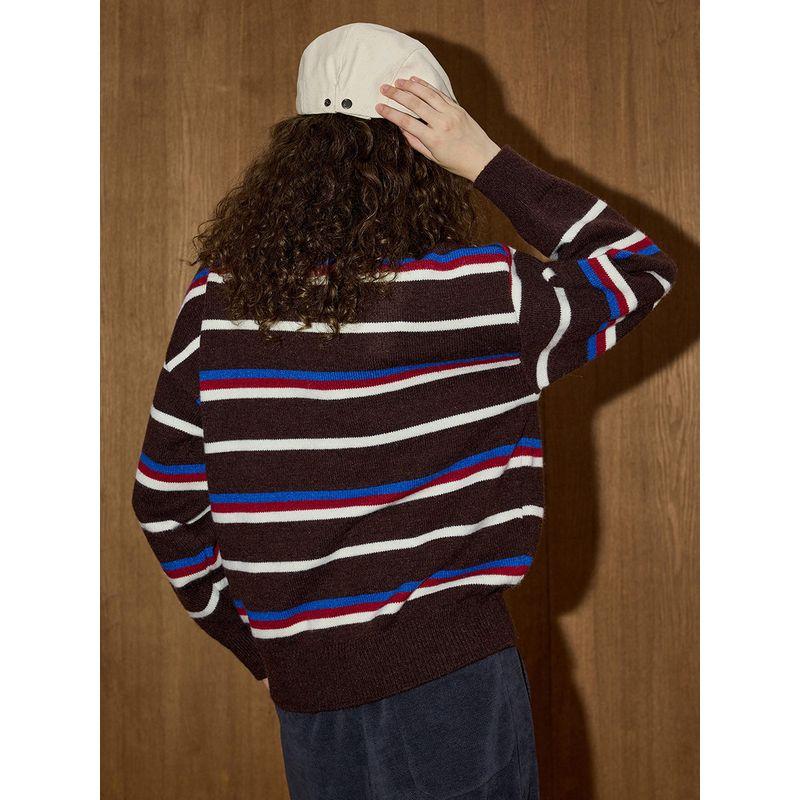 Coolhut Fair Isle Brown Sweater Retro Stripes Contrasting Color Polo Collar Slimming Loose Winter Women's Sweater
