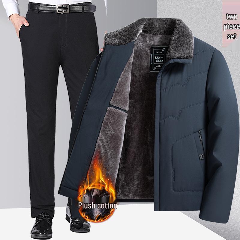 Woodpecker Men's Fleece-Lined Winter Jacket: Thick, Cotton-Padded, Cold-Proof Coat for Middle-Aged and Elderly.