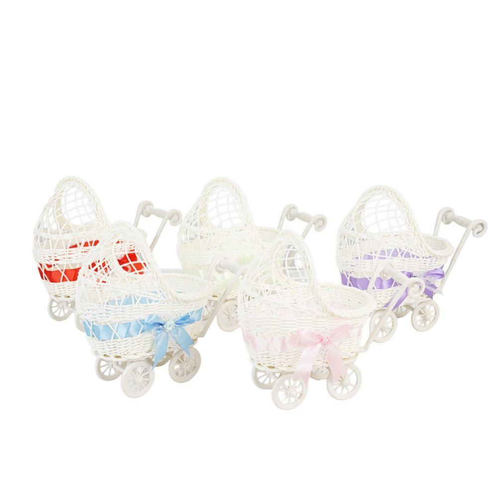 Multicolor Trolley Cart Storage Basket Plastic Weave Pattern Organization Basket Bowknot Oval Shape Desktop Ornament