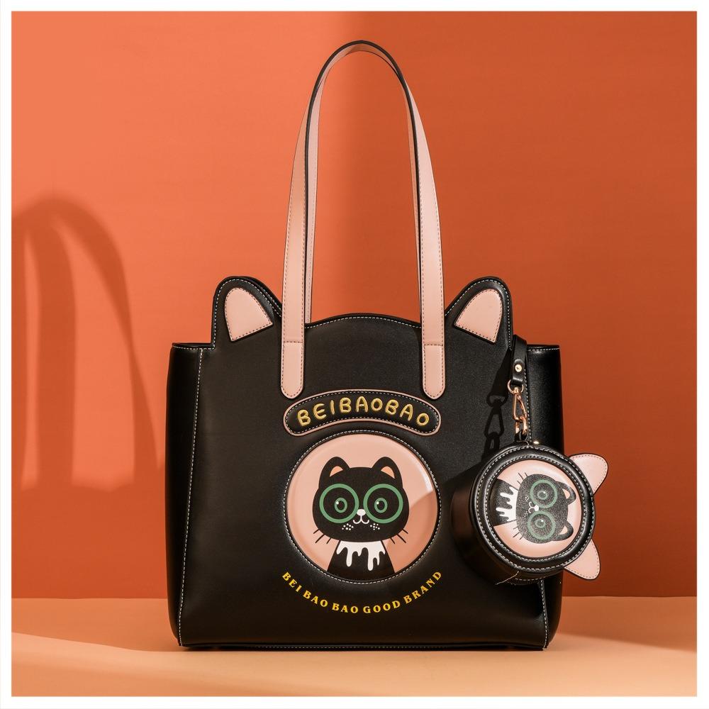 

BEIBAOBAO New Cute Sweety Cat Large Tote Bags High Value Big Capacity Ladies Armpit Bag Waterproof PU Women s Shoulder Handbags with Pendant Small Bag чорний