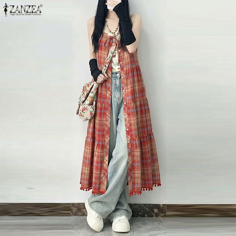 ZANZEA Women Plaid Print Summer Casual V-Neck Sleeveless Straps Camisoles Dresses