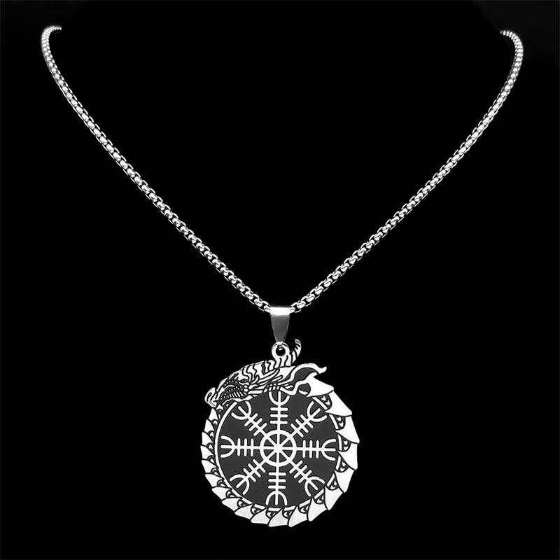Viking Helm of Awe Compass Dragon Chain Necklace for Women Men Stainless Steel Aegishjalmur Scandinavian Necklace Jewelry N7959