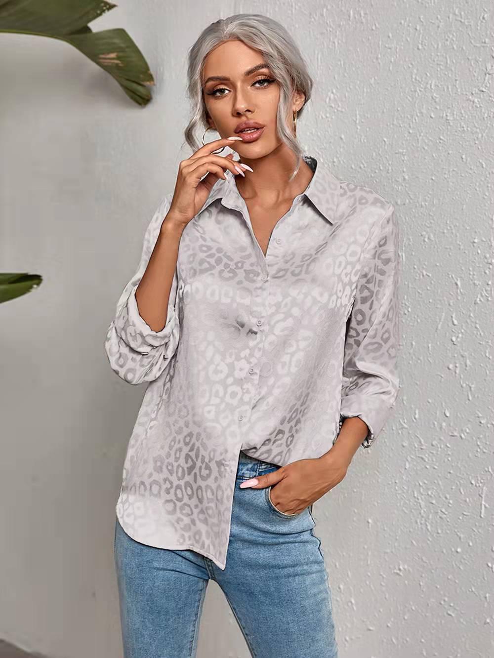 Women s Autumn Elegant Leopard Print Satin Jacquard Long-Sleeve Lapel Shirt L