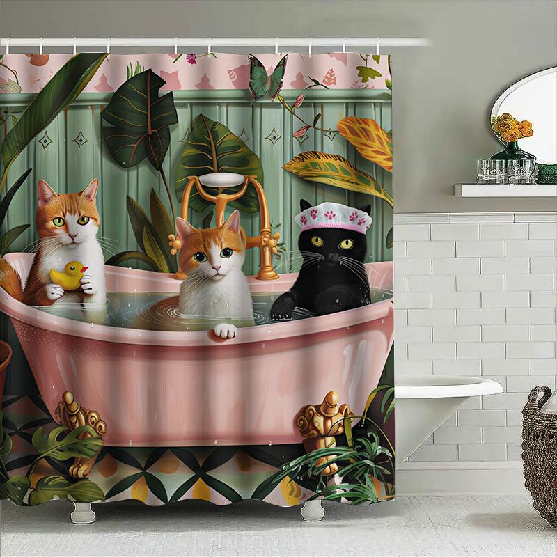 Pet Bathing Shower Curtain Adorable Dog Print White and Gray Polka Dot Design Non-slip Material for Safe Use in Bathroom