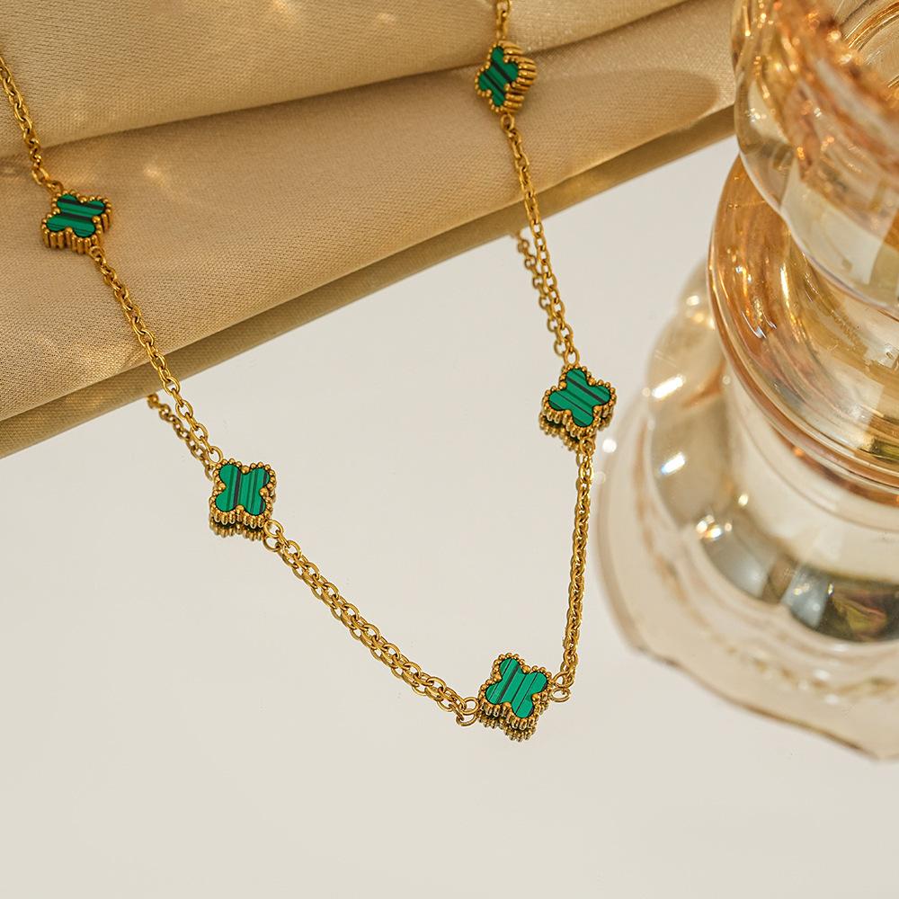 Double Sided Shell Necklace with Four Leaf Clover and Five Flower Mother of Pearl Collarbone Chain, 18K Gold High-end Necklace