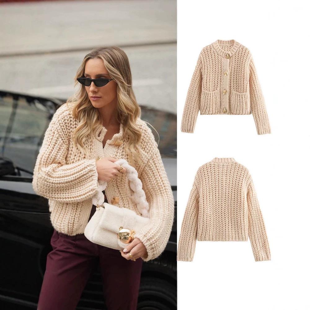 European Casual Women's Solid Color Round Neck Cardigan Sweater - Loose Knit Long Sleeve Top
