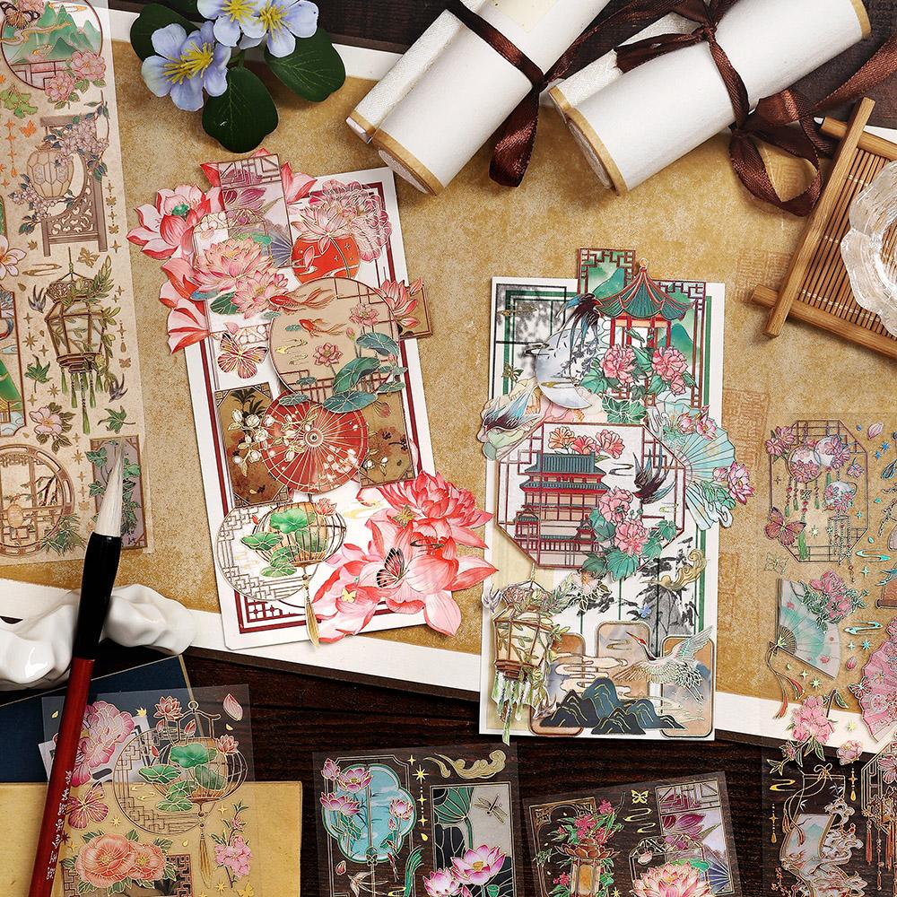 3 Sheets PET Chinese Style Bronzing Sticker Decorative Diary Album Scrapbooking Material Handmade Craft Supplies