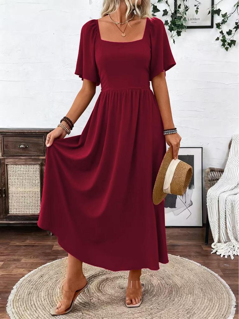New Arrival 2025: Solid Color Square Neck Slimming Dress with Flutter Sleeves