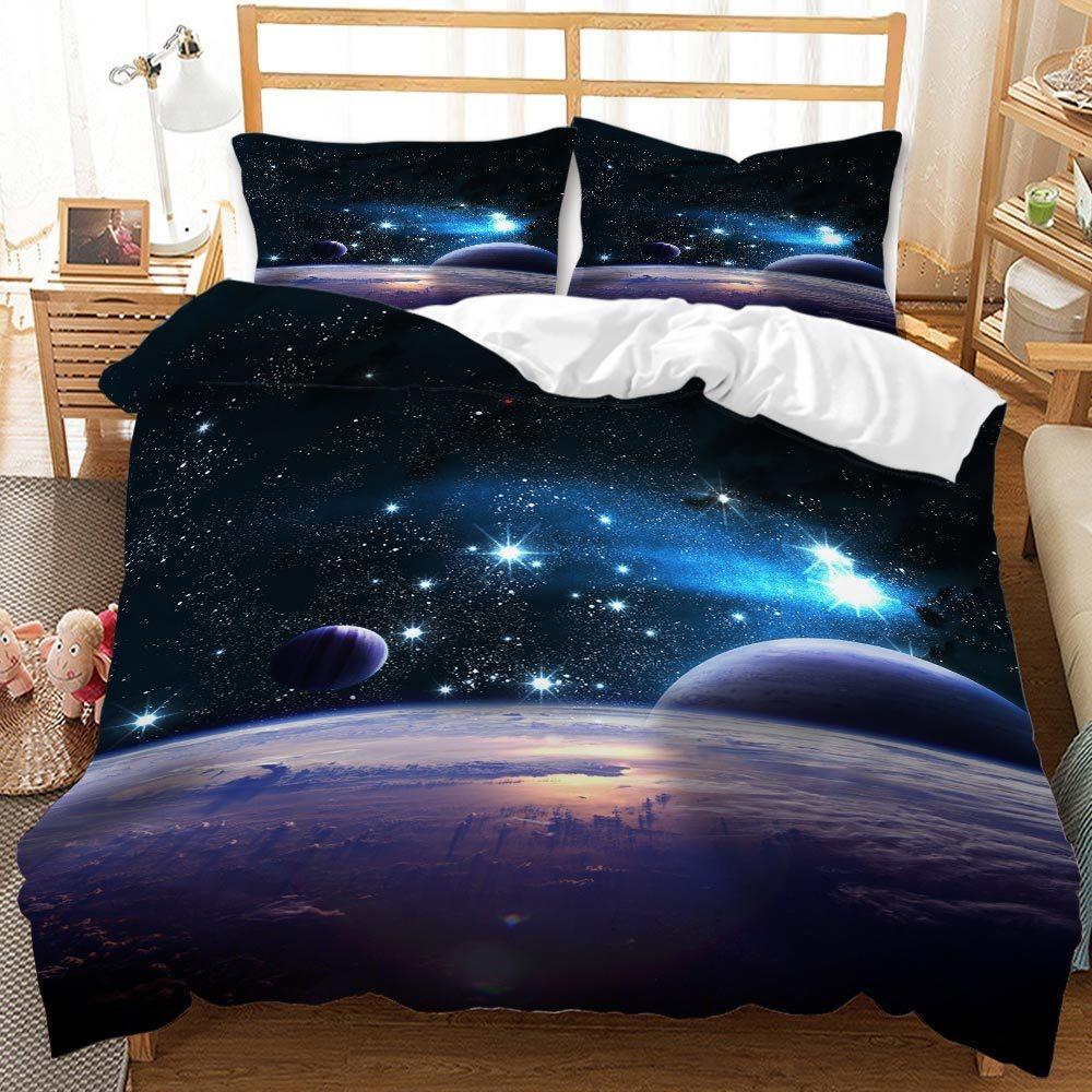 3D Space Planet Printed Down Duvet Cover Pillowcase with Universe Starry Sky Pattern Bedding Set for Kids, Home Decoration Gift for Teenagers