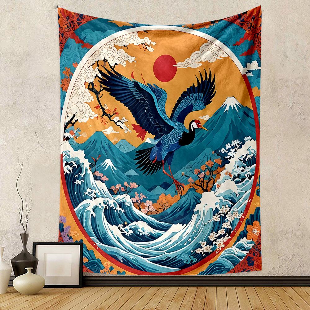 Japanese Crane and Mountain Landscape Patterned Tapestry Decorative Wall Hanging, Home Bedroom Living Room Decor