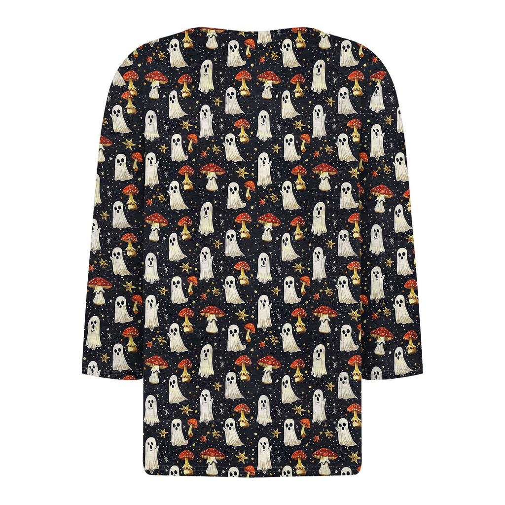 Women's Fashion Casual Halloween Printed V.Neck Short Sleeve Decorative Button Three.quarter Sleeve T-shirt Tor