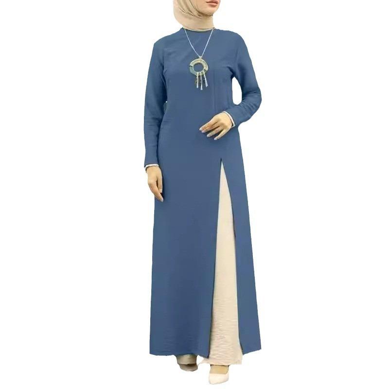 Suit Muslim Women's Clothing Ice Silk Wrinkled Long Sleeves High Split Hem Solid Color Elegant Temperament Robe Modern Style