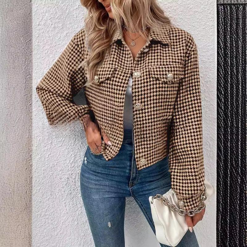 YYFS Women's Fashion Casual Houndstooth Print Autumn Winter Long Sleeve POLO Neck Jackets & Coats