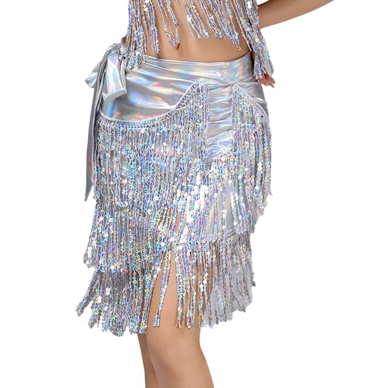 Sequins Wrap Skirt Belly Dance Hip Scarf Wrap Sparkles Mini Skirt Rave Festival Outfit Halloween Costume for Women Girls