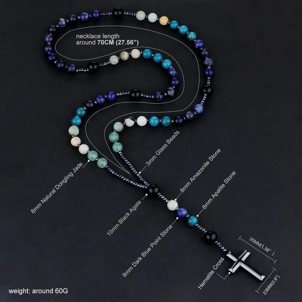 Natural Amazonite Stone Rosary Blue Apatite Black Agate Beads Necklace Hematite Cross Pendant Meditation Blessing Jewelry