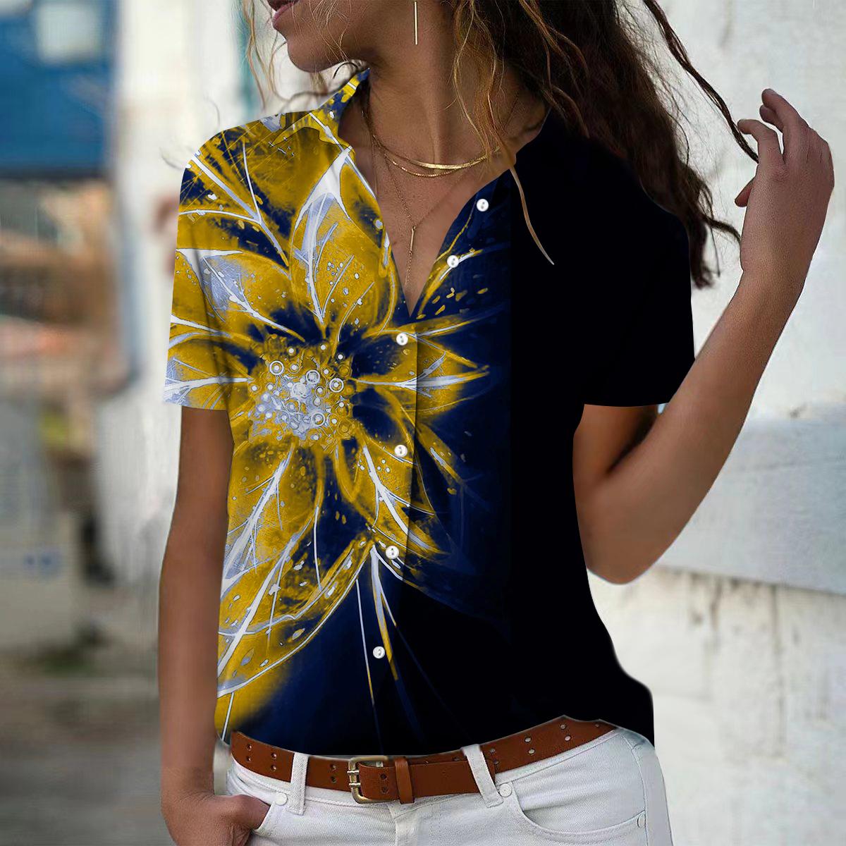 

Лето 2025 Новая Мода Женская Блузка с Коротким Рукавом и V-образным Вырезом на Пуговицах с Цветочным Принтом M жёлтый