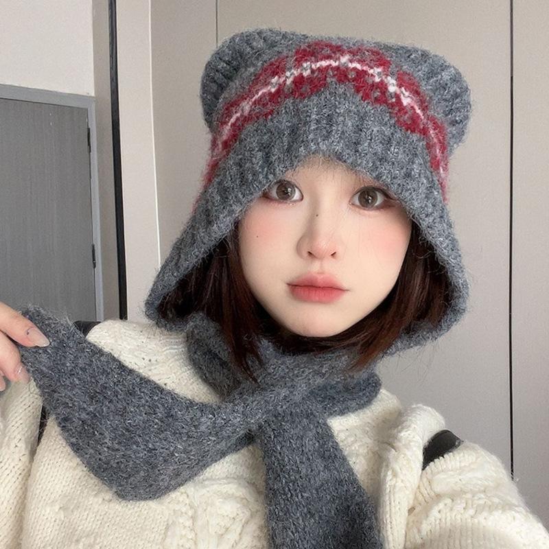 Autumn and Winter Plush Bear Knitted Hat Warm and Ear Protecting Cold Hat Japanese-style Large Head Knitted Hat Panda Element
