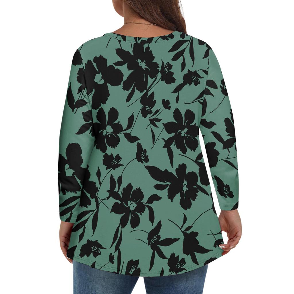 Modisches lässiges Langarm-Oberteil für Damen in Übergröße mit Blumenprint Übergröße Blumenprint-Oberteil
