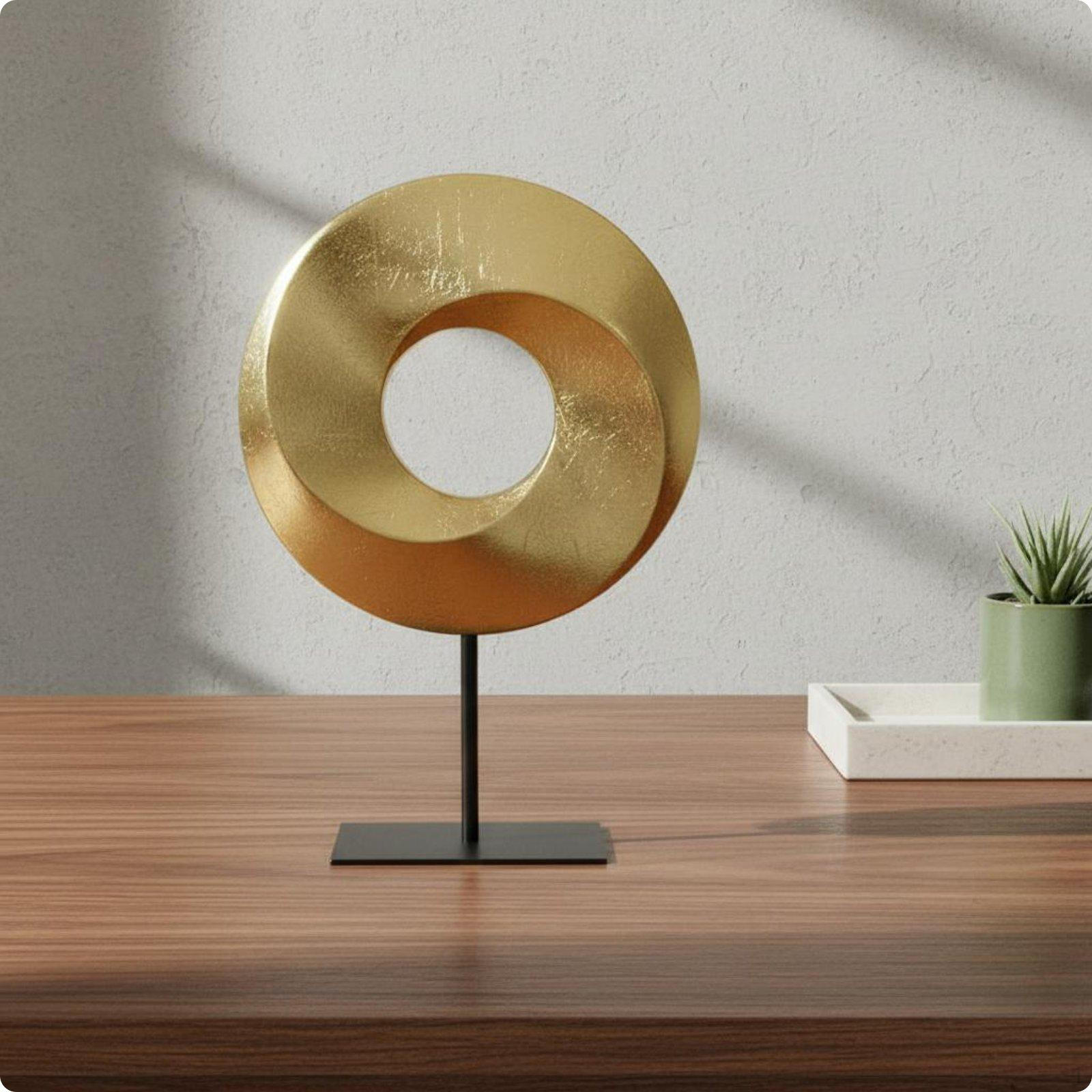 Geometric Tabletop Contemporary Design Abstract Metal Sculpture Luxury Golden Appearance Hoop
