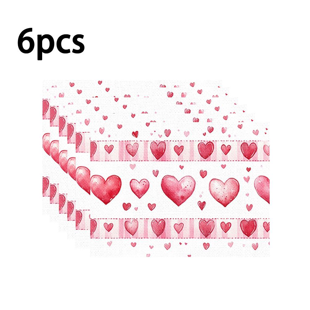 1set/1pc/4pcs/6pcs Valentine'S Day Heart-Shaped Printed Placemats | Polyester, Heat-Insulating, Suitable for Home Decoration, Festival Dining