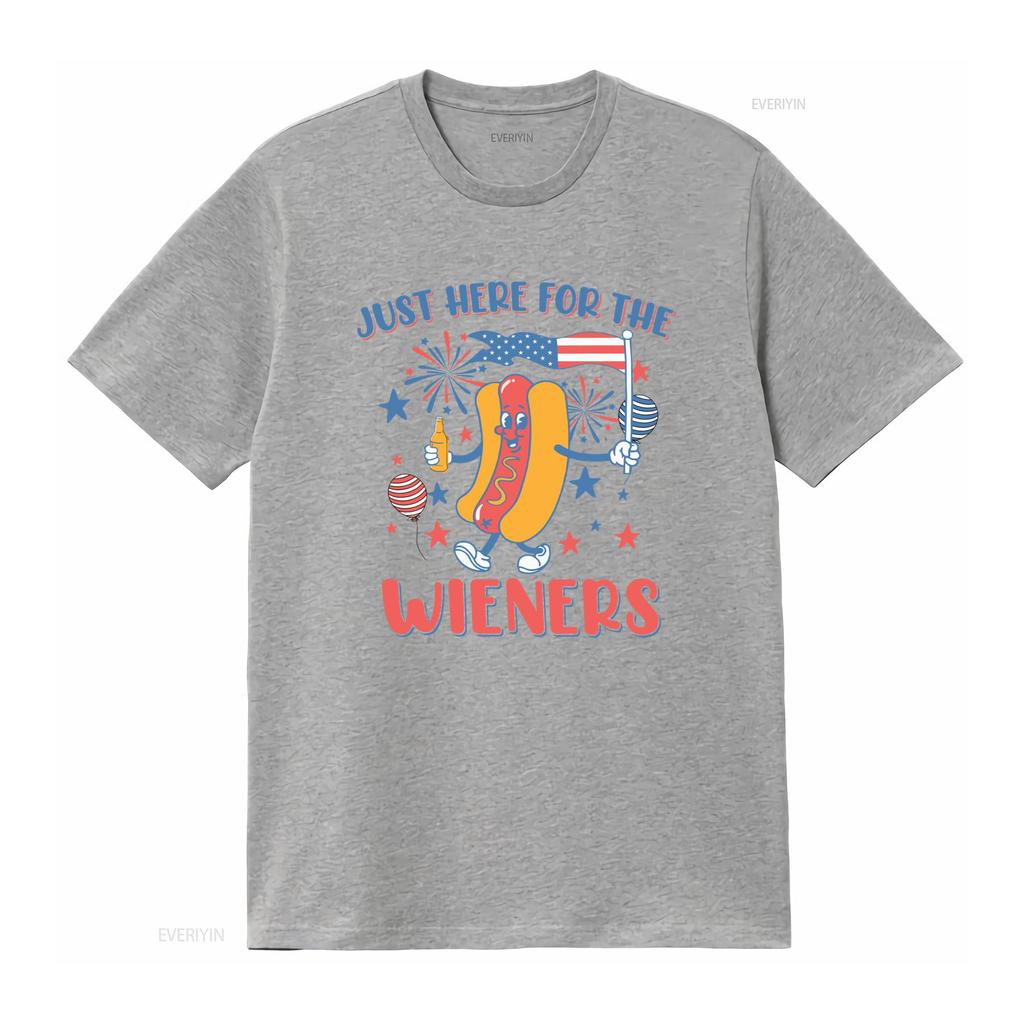 Retro Funny Th of July Just Here For The Wieners Hot Dog Patriotic Print Casual T Shirt Vintage Washed Soft Unisex Stylish