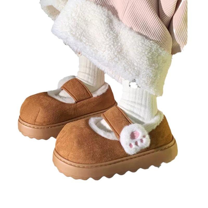 Cute Cat Paw Velcro Cotton Shoes Winter Home Velvet Platform Single Shoes Girl Heart Warm Round Head Beanie Shoes