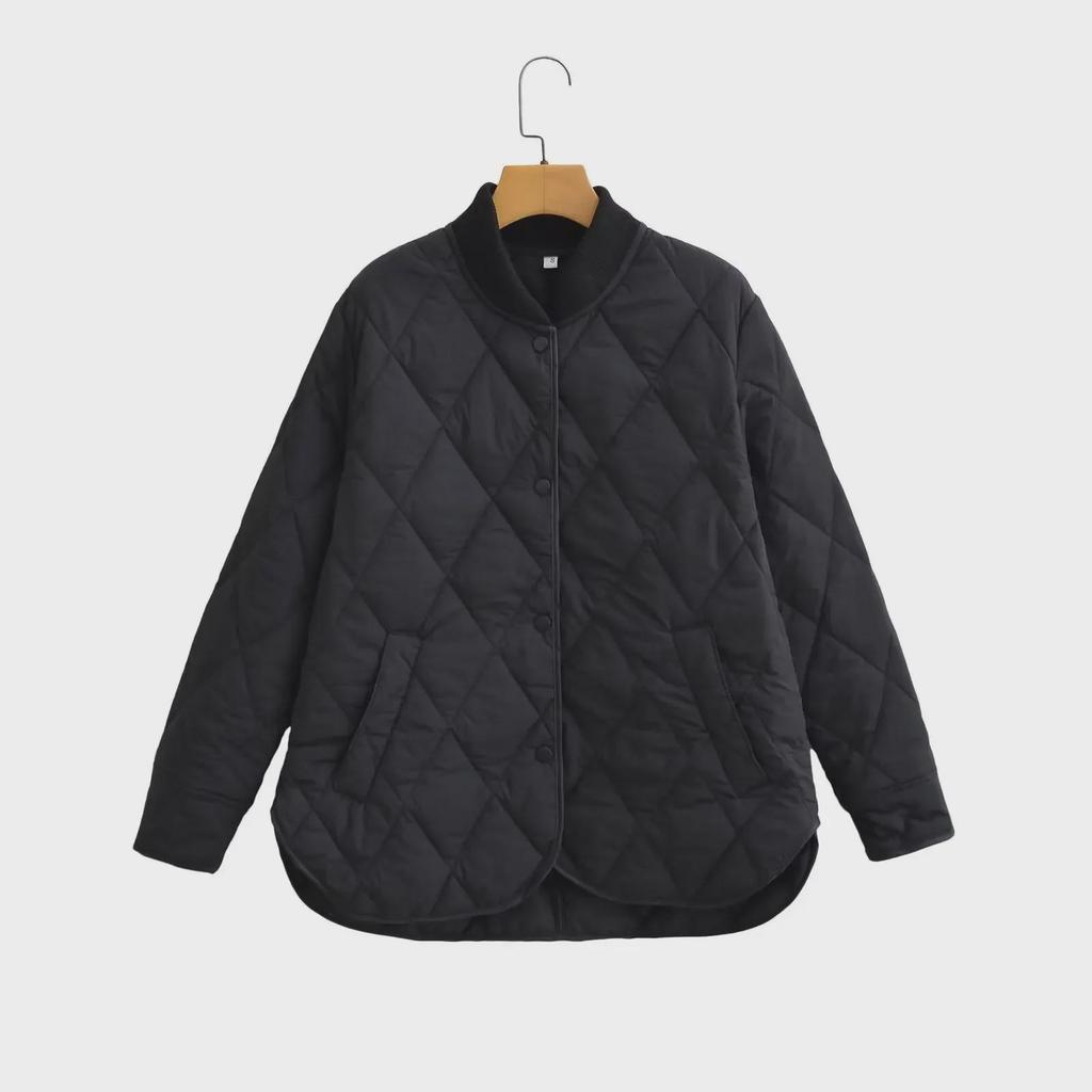 2023 Winter Women's Solid Color Diamond Grid Loose Cotton Jacket with Stand Collar