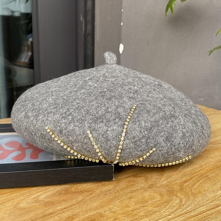 Winter French Black Fleece Painter Artist Cheapeau Red 100% Wool Chunky Blingbling Diamonds Beret Girls Hat for Women