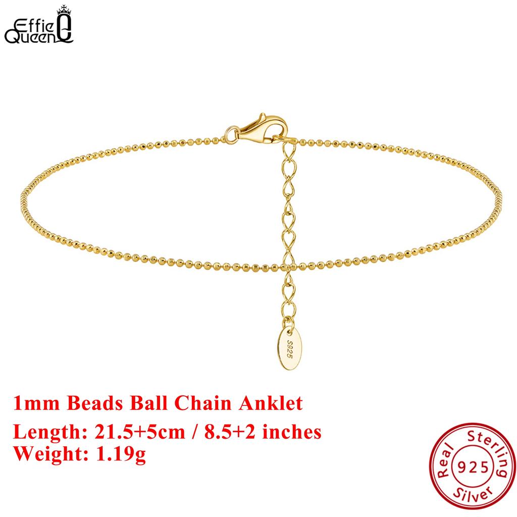 Effie Queen 925 Pure Silver 14k Gold 1mm Beads Ball Chain Anklet Simple Jewelry for Women Summer Beach Banquet Party Gift SA80