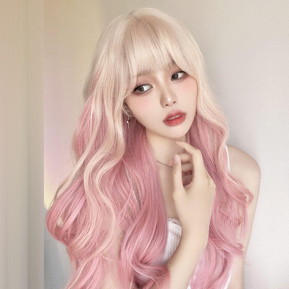 Женский платиновый синий градиентный парик: Длинные кудрявые, Пробор посередине, Натуральный вид, Полное покрытие