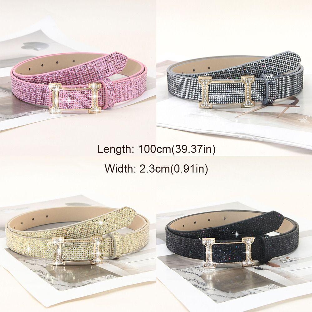 Glitter PU Leather Belt Bling Bling Slide Buckle Belt Vintage Trendy Waistband  Women