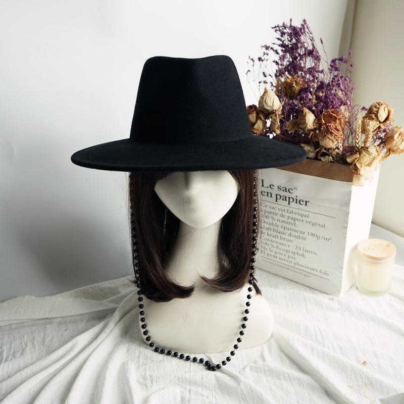 Internet Celebrity With Pearl Chain Celebrity British Retro Black Wool Big Wide Brim Jazz Top Hat Female Autumn And Winter