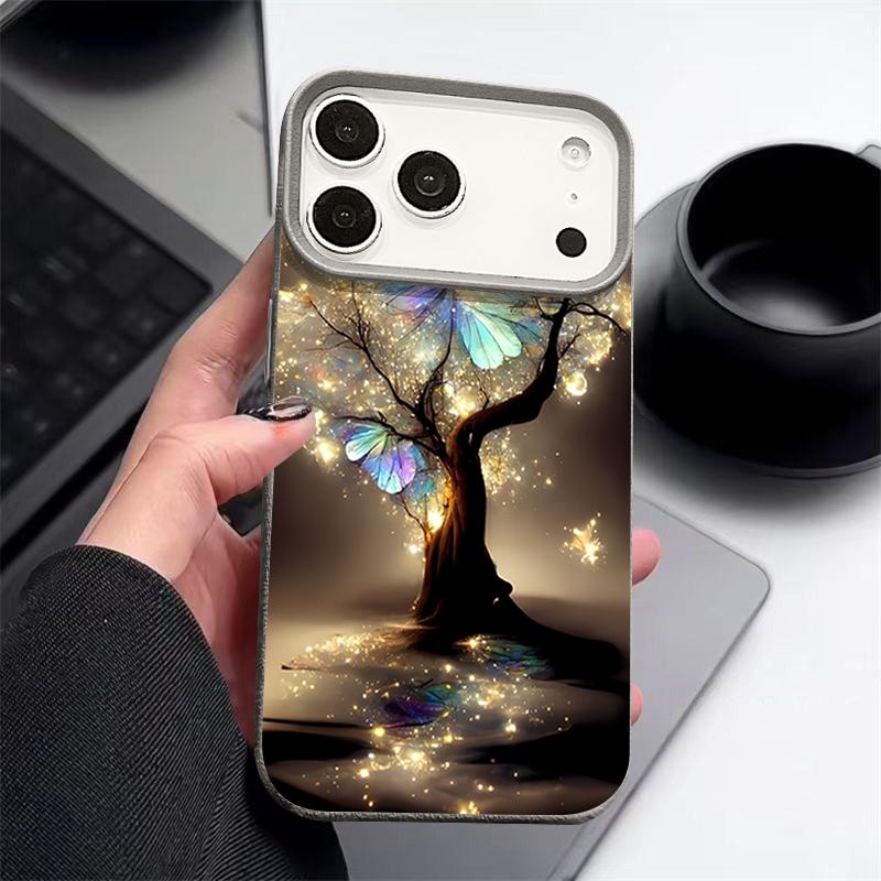 Shining Fantasy Tree Butterfly Pattern Case For iPhone 17 Pro Max iPhone 16 Pro Max 15 14 13 12 11 16E Air Luxury Leather Texture Silicone Cover