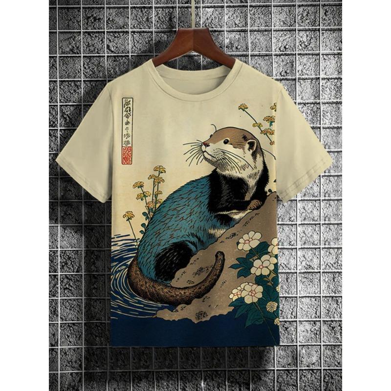 Herren T-Shirt im japanischen Stil mit Samurai-Katze-Grafik und 3D-Druck, lässiges kurzärmliges T-Shirt für den Außenbereich, übergroße Herrenbekleidung