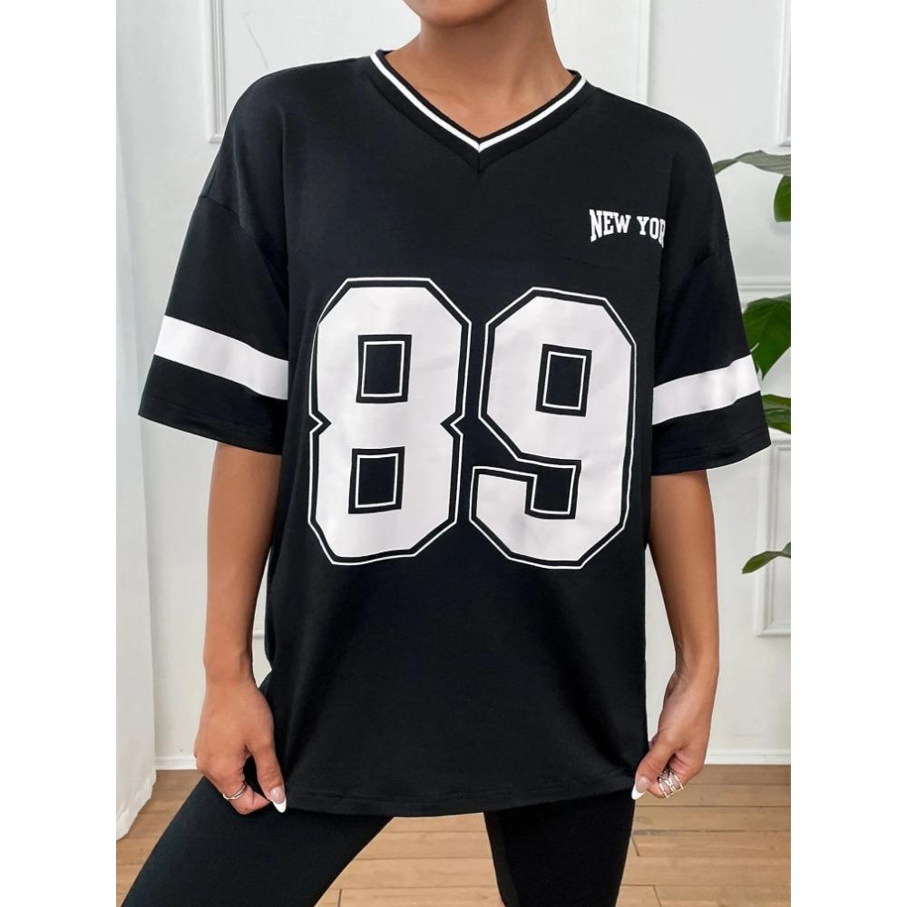 Summer Women's Champion Printed T-shirt Summer Basic V-neck T-shirt Casual Retro Street Style T-shirt Plus Size Top
