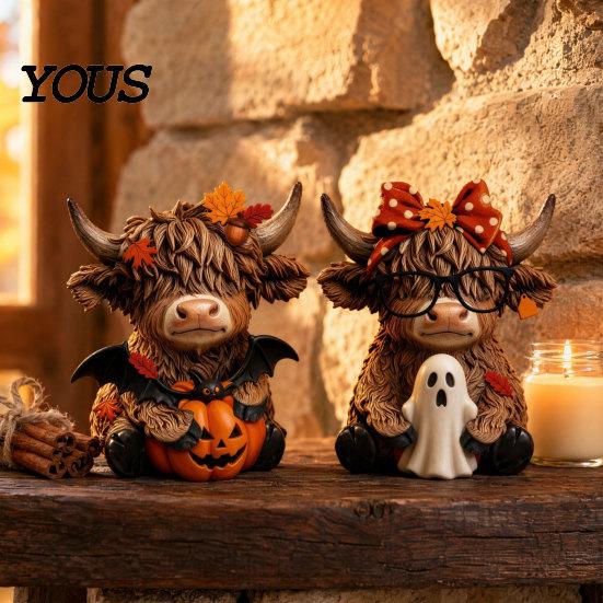 Home Decoration 2PCS Highland Cow Ornament, Wooden Rustic Style Figurine, Thanksgiving Fine Carving Wood Art Theme Art, for Entrance Living Room Decor