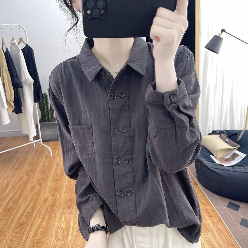 

Double-breasted cotton and linen long-sleeved shirt for women s spring and autumn new polo collar inner top, loose design shirt M сірий колір