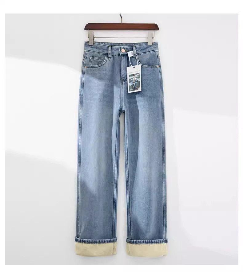 Women's 2025 High-Waisted Light Blue Thickened Velvet Jeans - Slimming Straight-Leg, Wide/Narrow-Leg Fit