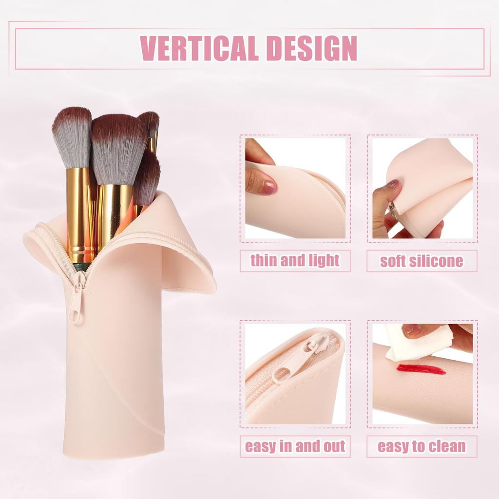 VOCOSTE Silicone Makeup Brush Travel Makeup Brush Silicone Cosmetic Brush Makeup Portable Travel Makeup Brush Khaki Bag, Stand-Up Holder, Pouch, Bag,