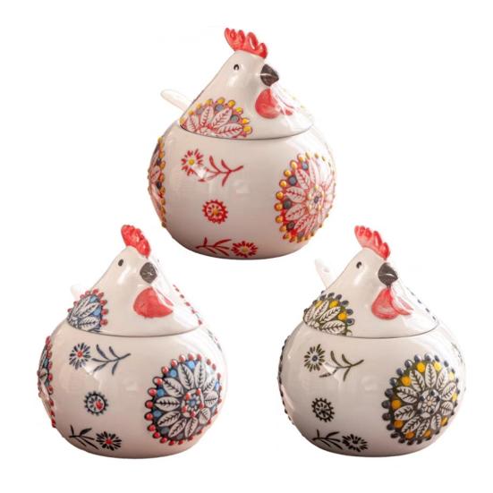 Ceramic Spice Jar 400ml Rooster Shape Cookie Jar with Lid Hand-Painted Floral Pattern Kitchen Container for Salt Sugar Pepper And Snacks Storage