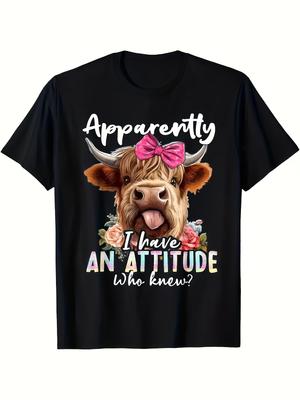 Clearly, I Have an Attitude  Humorous Highland Cow Graphic T-Shirt - Black Unisex Casual Short-Sleeve Top, Featuring a P