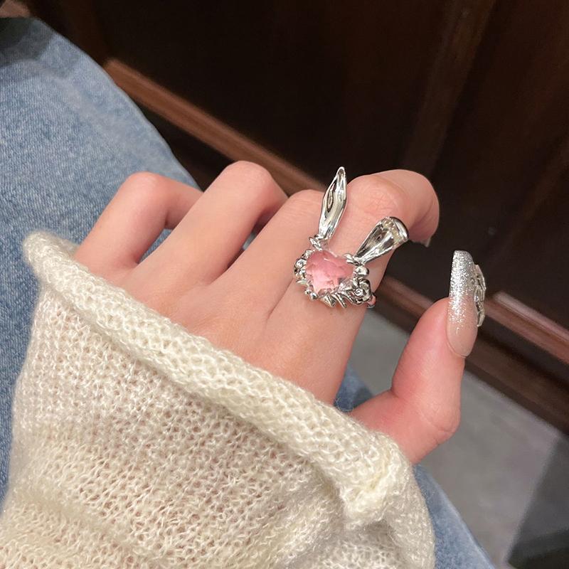 Różowy Króliczek Otwarty Pierścień Dla Kobiet Dziewczyn Piękny Pierścionek Zaręczynowy Regulowany Palec Obrączka Biżuteria Akcesoria Prezent