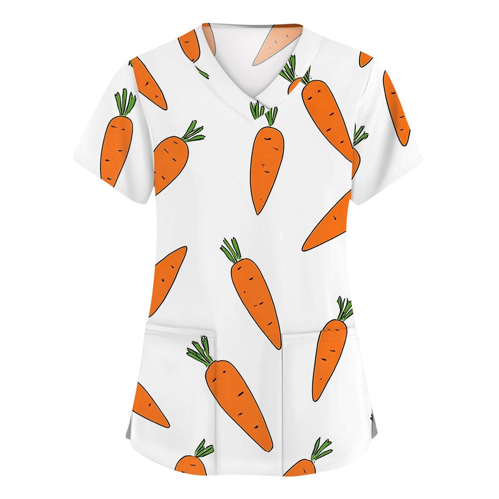 Moda damska Odzież robocza z dekoltem w serek i krótkimi rękawami z kieszeniami Topy z nadrukiem