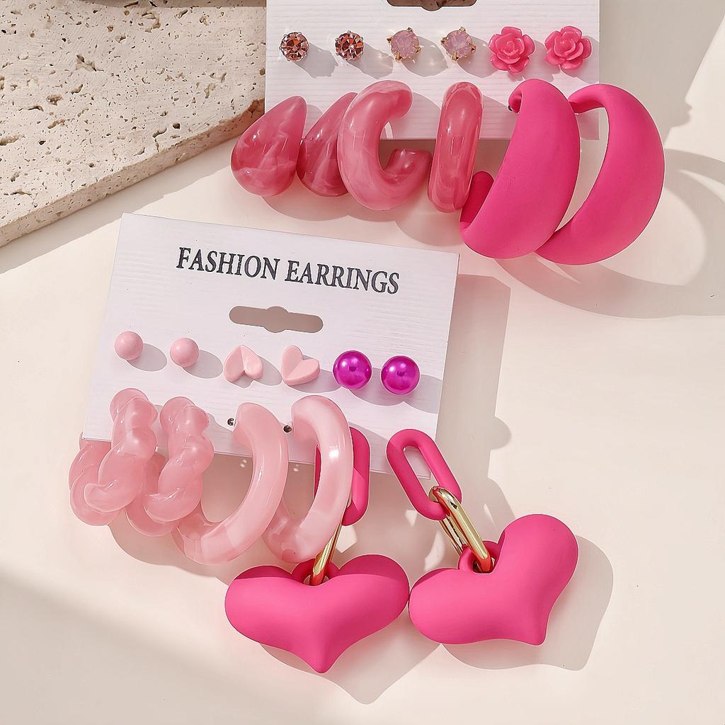 6 Pairs of Pink Suits, Fashion Pearl Love Earrings, Earrings, Card Packs, Resin Earrings for Women