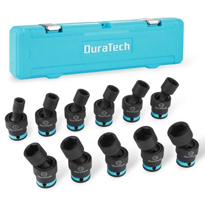 DURATECH 3/8" Drive Impact Swivel Socket Set, 11-Piece Shallow Wobble Socket Set, Metric Socket Set with Flexible Wobble